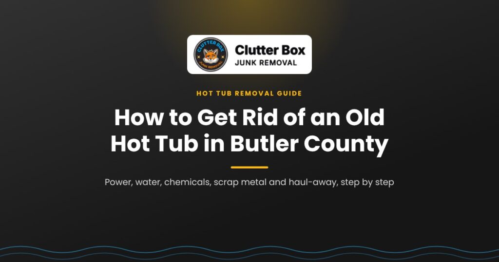 Cover graphic reading How to Get Rid of an Old Hot Tub in Butler County, a hot tub removal guide from Clutter Box Junk Removal