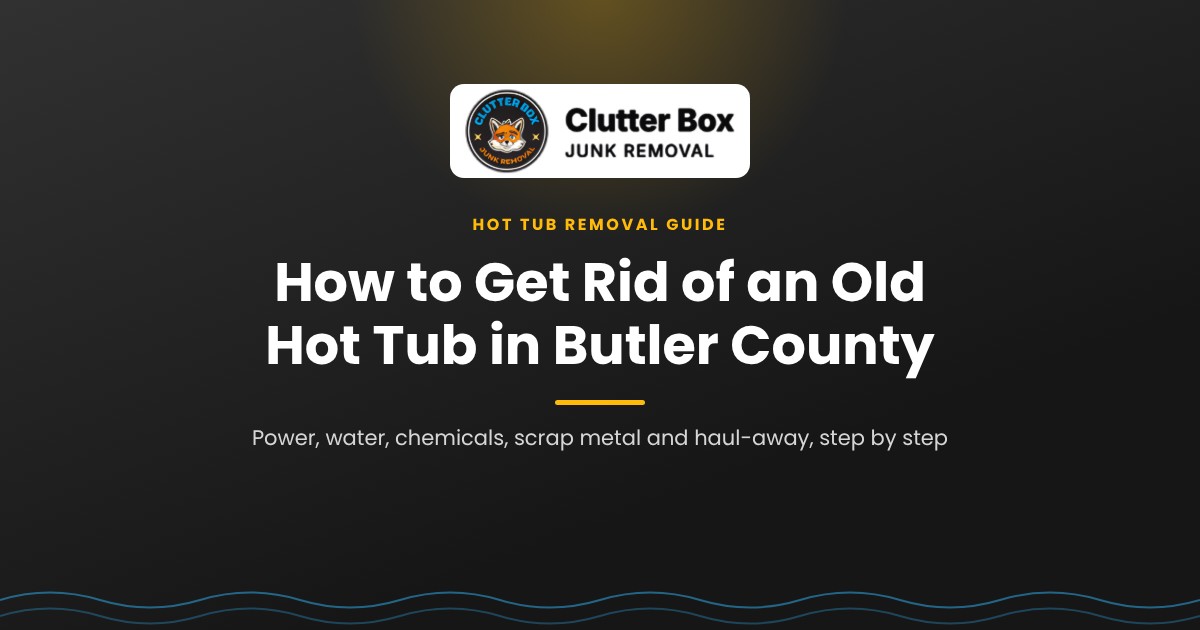 Cover graphic reading How to Get Rid of an Old Hot Tub in Butler County, a hot tub removal guide from Clutter Box Junk Removal